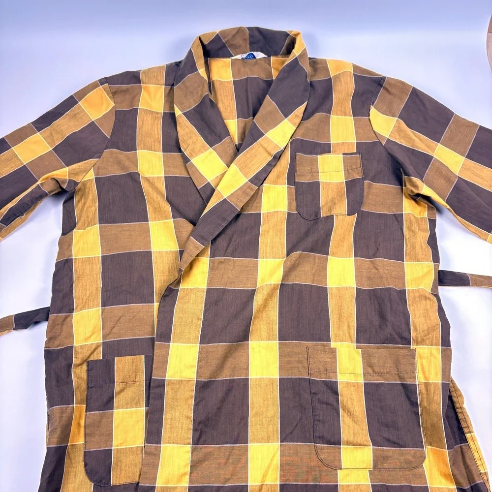 VTG 60s Montgomery Ward Brent Robe Mens XL Chocolate Brown Gold Plaid Belted